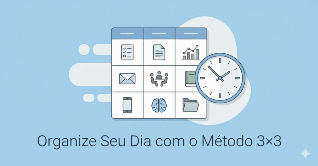 Aprenda como organizar seu dia usando o Método 3×3. Simples, rápido e eficiente para aumentar foco, produtividade e rotina equilibrada.
